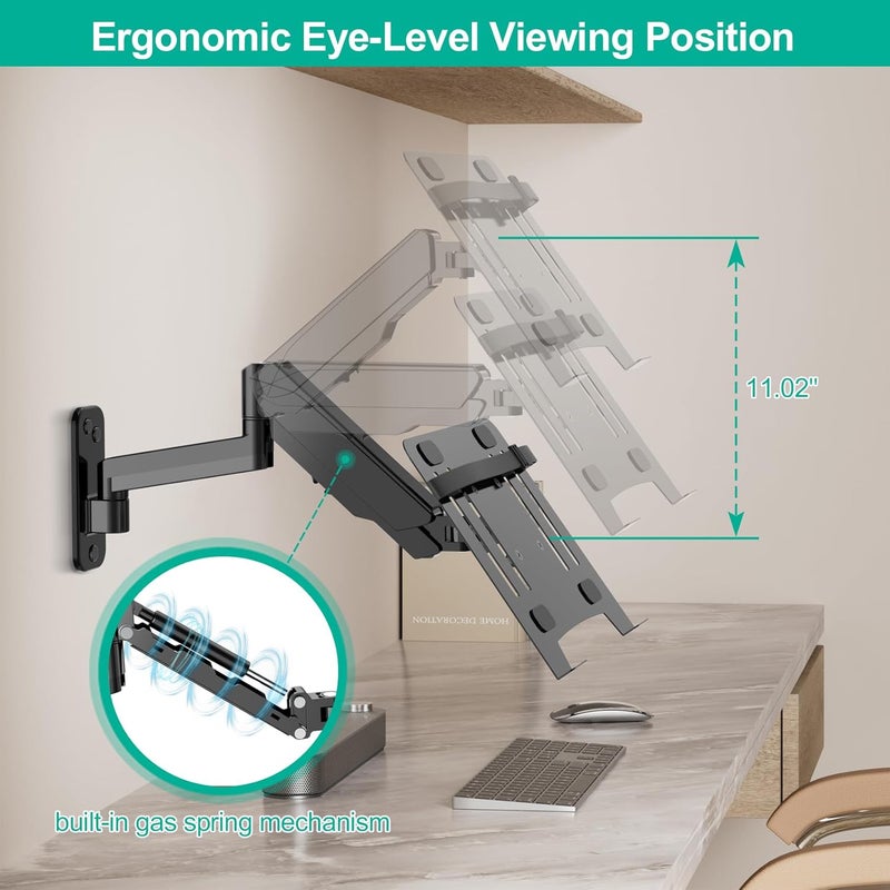 UPGRAVITY Laptop Wall Mount, 2-in-1 Gas Spring Wall Holder with Vented Tray for 12"-17" Notebook/13-32 Computer Screen, Full Motion Adjustable Wall Mount Laptop Stand Holds 3.3-17.6lbs - Image 4